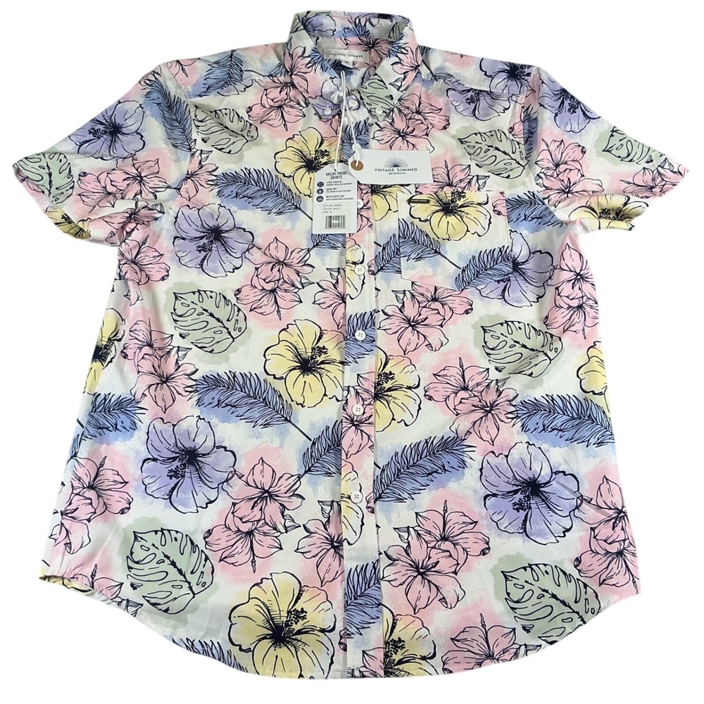 Vintage Summer Mens Vacay Print Shirt Multi Floral Tropical Stretch M V60601 NWT